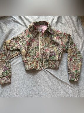 Kimchi Blue Floral Quilted Bomber Jacket in Cream, Pink & Green
